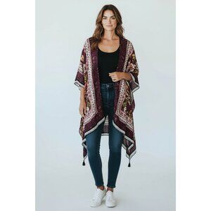 Vince Camuto Women's One Size Floral Kimono Cardigan Burgundy With Tassels Light